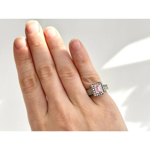 Pink Spinel Emerald Cut CZ Lined Double Shank Vintage Sterling Silver Ring  sz 5 - Picture 4 of 10